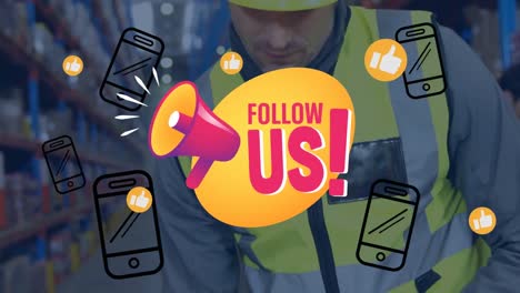 animación de iconos de redes sociales sobre un trabajador caucásico usando un dispositivo de escaneo en un almacén