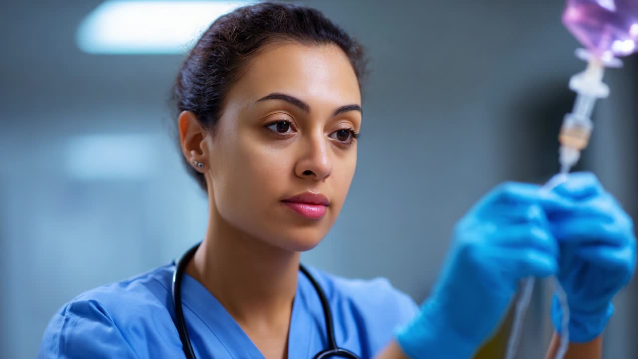 Personale medico che somministra cure con precisione, attenzione e compassione in un ambiente ospedaliero, dimostrando competenza nel trattamento dei pazienti attraverso la preparazione di flebo e procedure mediche