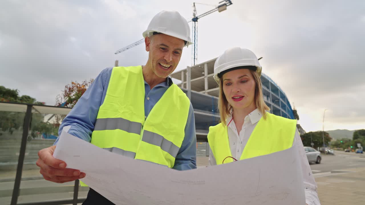 Construction workers review building plans on construction site