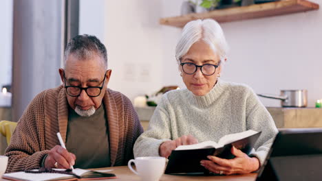 Writing,-old-couple-and-bible-in-home-for-faith