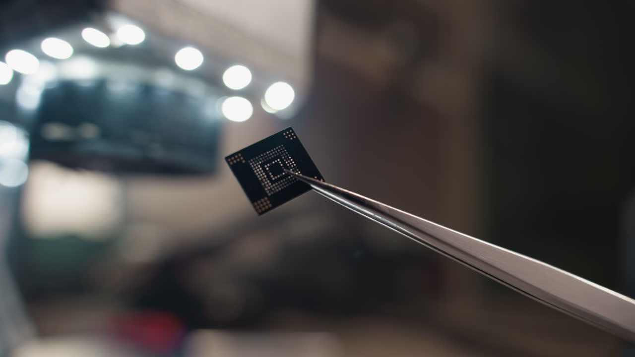 una vista de cerca de pinzas que sostienen un microchip contra un fondo borroso