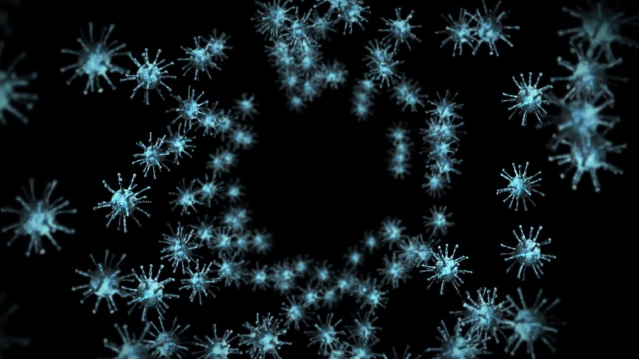 Flying many virus cells on black background. Medical concept, Microscopic illustration. 3D animation of virus molecule rotating. Loop animation.