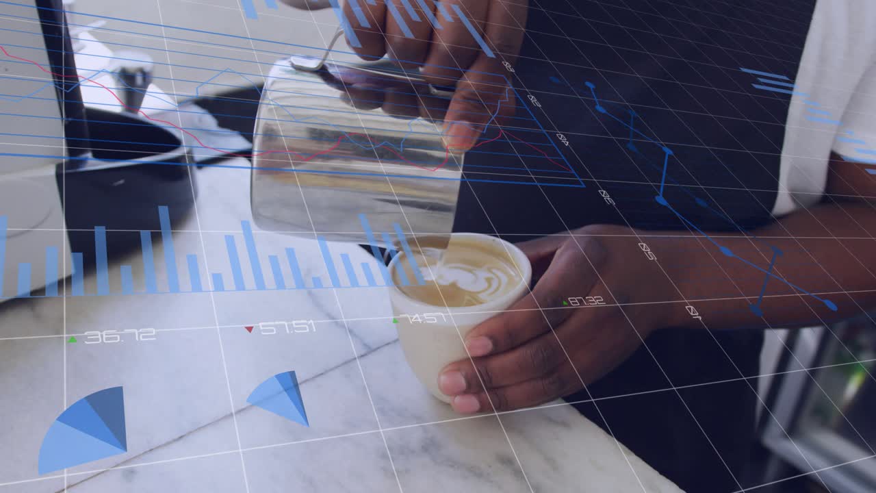 Cafe barista tilting pitcher pouring into espresso cup forming latte art while graphs overlaying