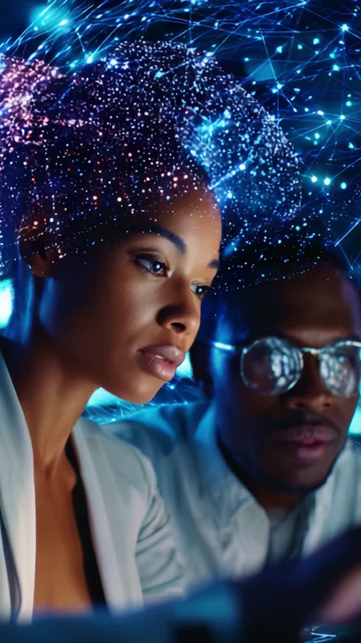 Exploring Digital Realities: Two Individuals Engage with Futuristic Technology Amidst a Beautiful Visualization of Data and Connectivity Represented in Light