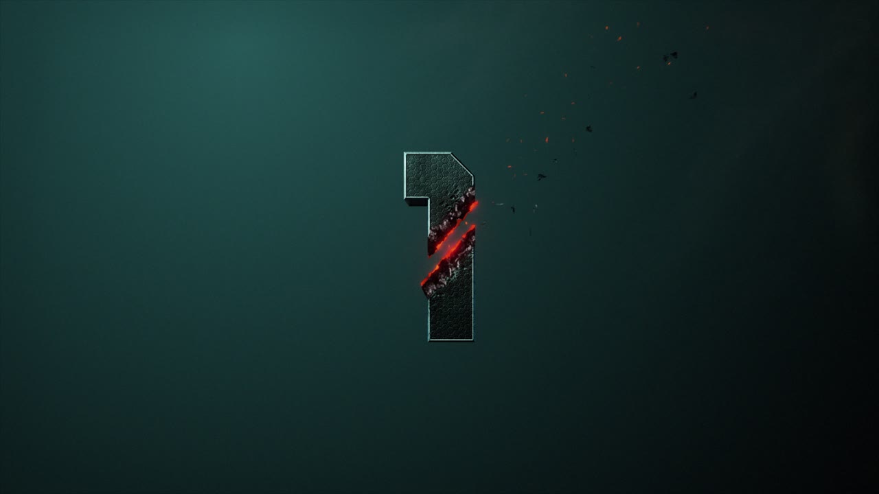 High quality 3D animated number Title Card or Chapter graphic, with hi tech sci-fi style 1 digit being zapped and sliced by a high powered laser, on a teal background