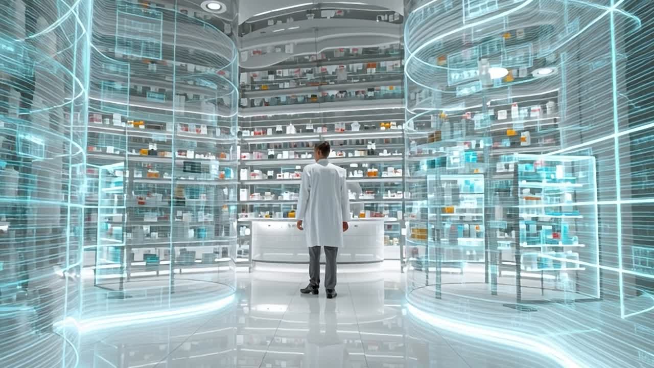 Interno di farmacia moderna con design high-tech e farmacista che esplora