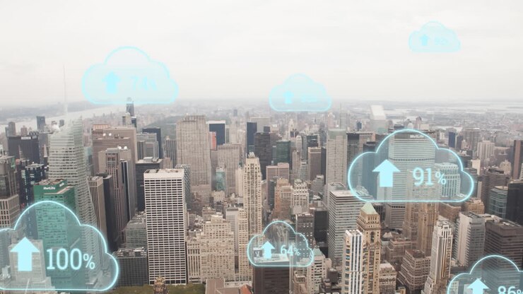 Animation of digital clouds with percent going up over cityscape