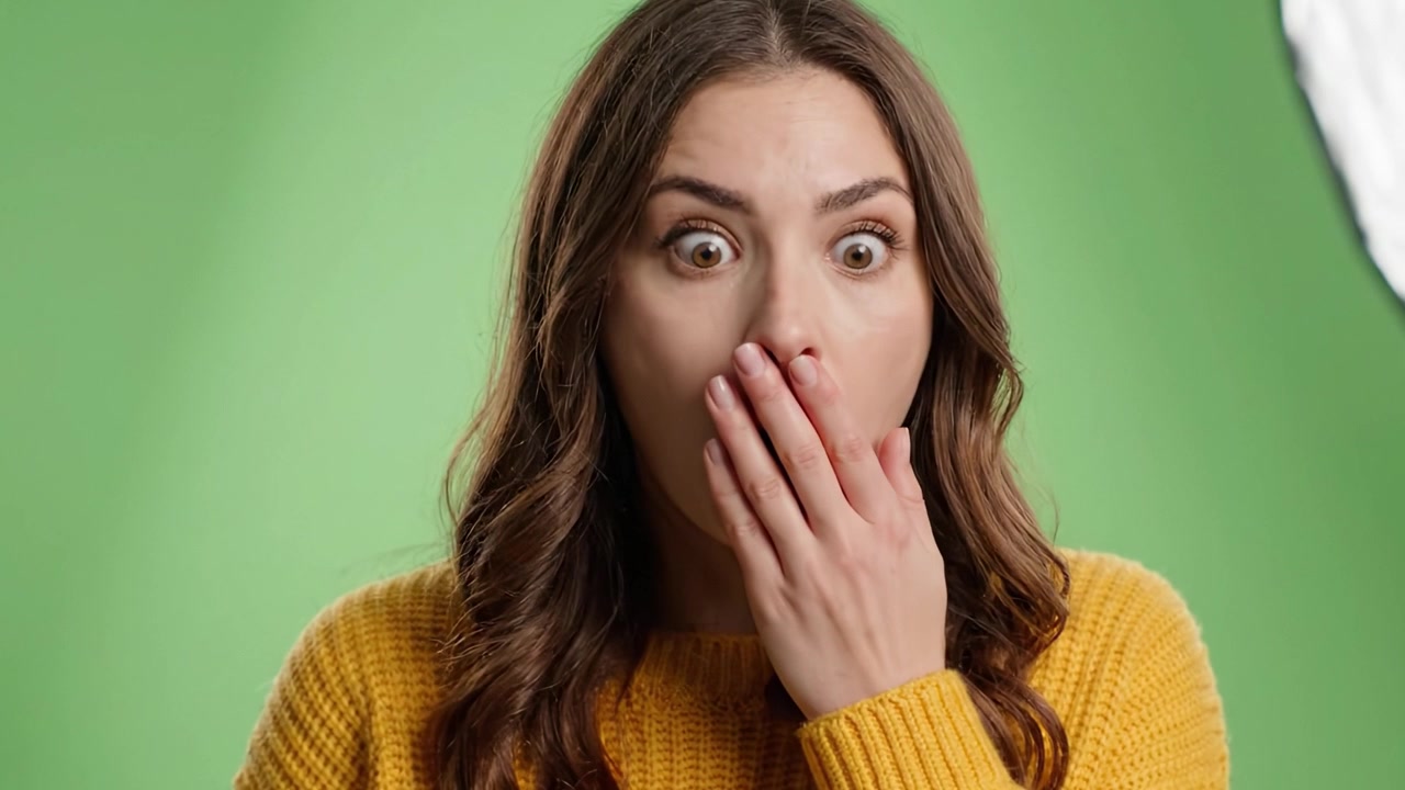 Astonished Woman in Yellow Sweater Expresses Surprise and Shock Against a Green Background, Capturing an Intense Emotional Reaction Perfect for Video Content.