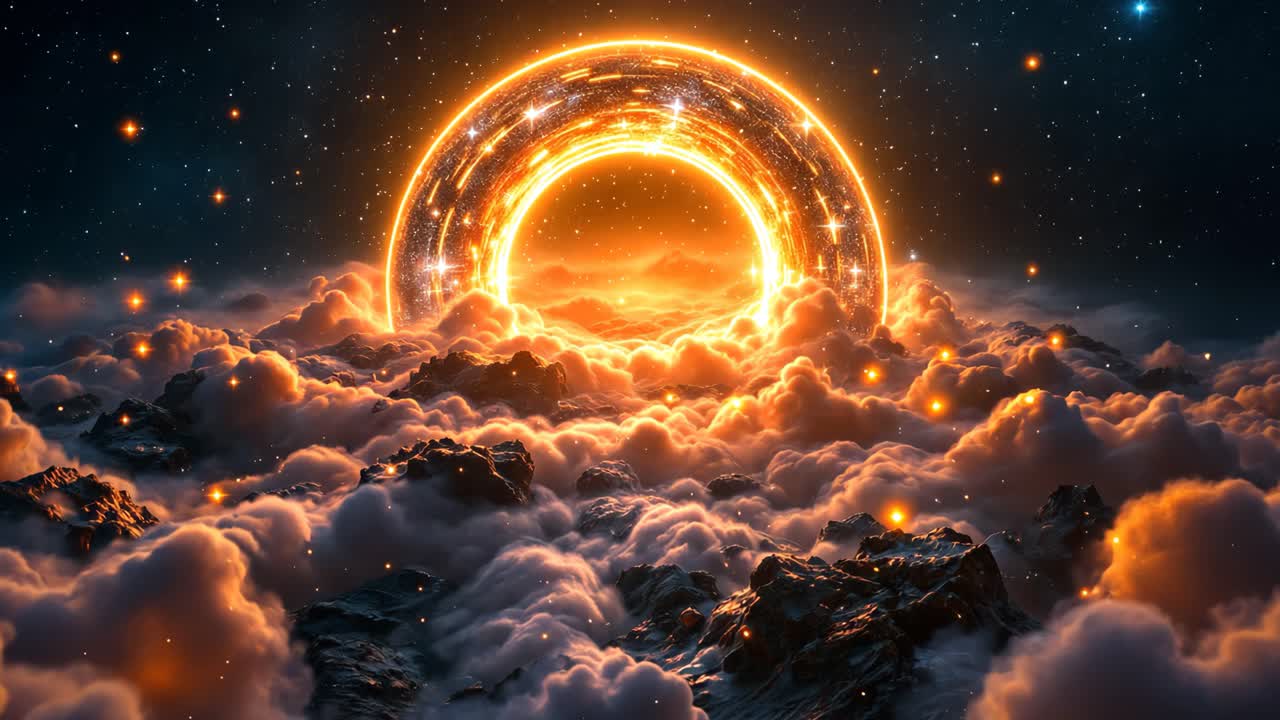 Celestial Portal Through a Cloud-Covered Mountain Range
