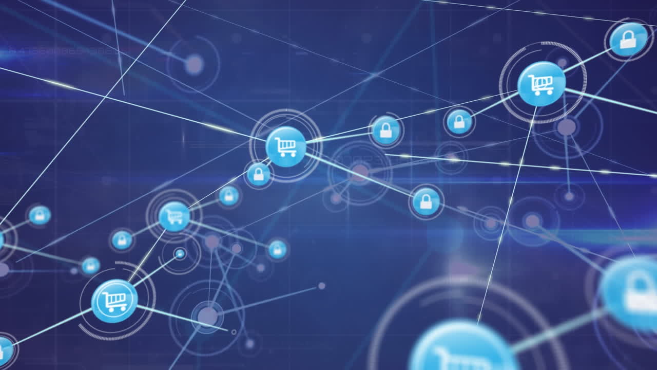 animación de una red de iconos digitales y rastros de luz contra un fondo azul