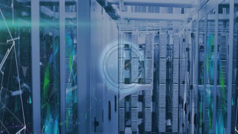 animation of data processing and moving clock over server room