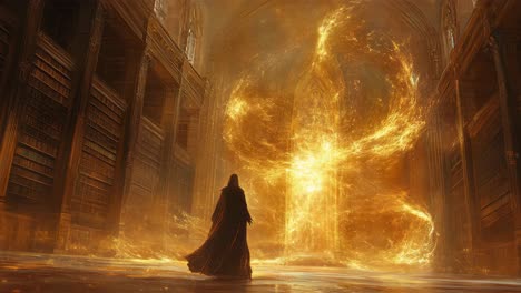 a figure contemplates a golden mystical energy in an ancient library