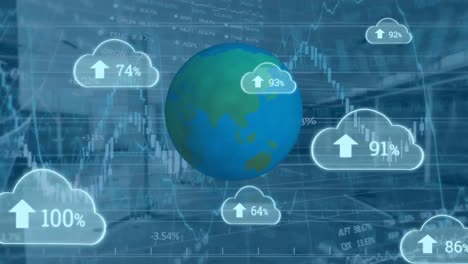 Animation-of-clouds-with-growing-number,-globe-and-financial-data-processing-over-empty-office