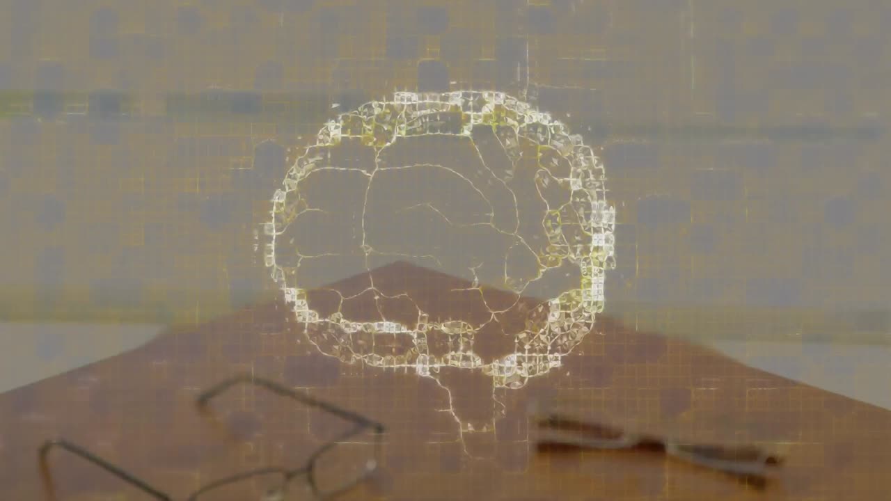 animación de cerebro y formas sobre hombres de negocios caucásicos estrechando la mano.