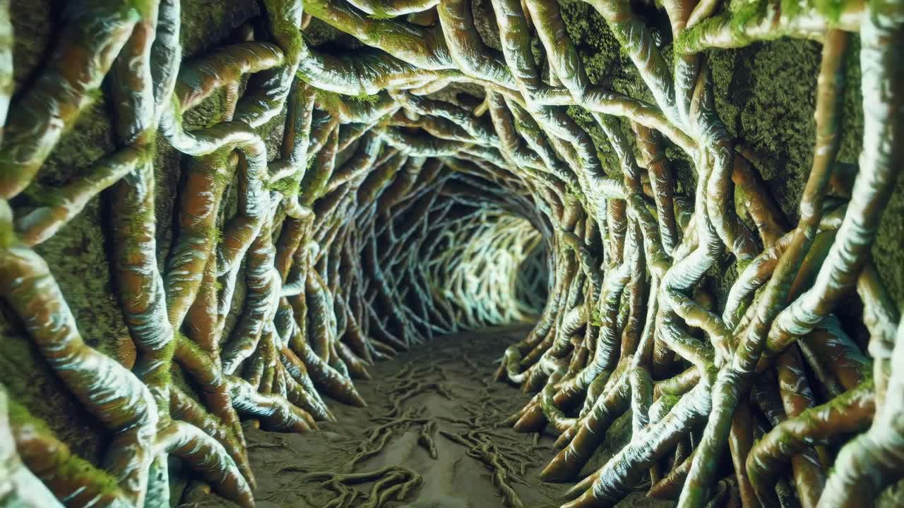 Captivating tunnel of intertwined roots, leading through a rich landscape of organic textures and soft illumination, inviting exploration of nature's intricate beauty