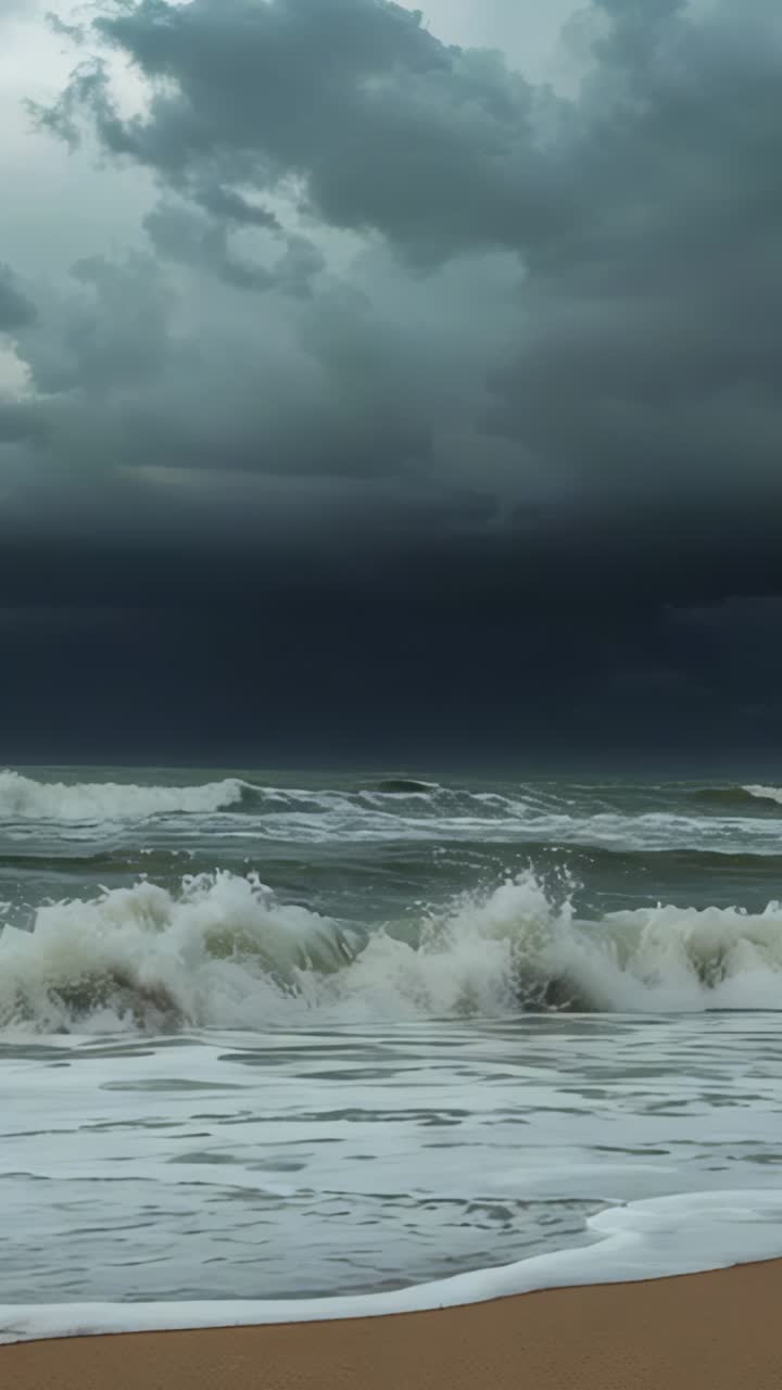 Vertical video: Storm-driven ocean waves rising falling on wet sand beach, scattered sea foam