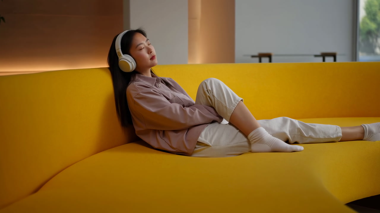 Asian Woman Reclining On Yellow Sofa Listening To Music With Overear Headphones, Eyes Closed, Beige Jacket