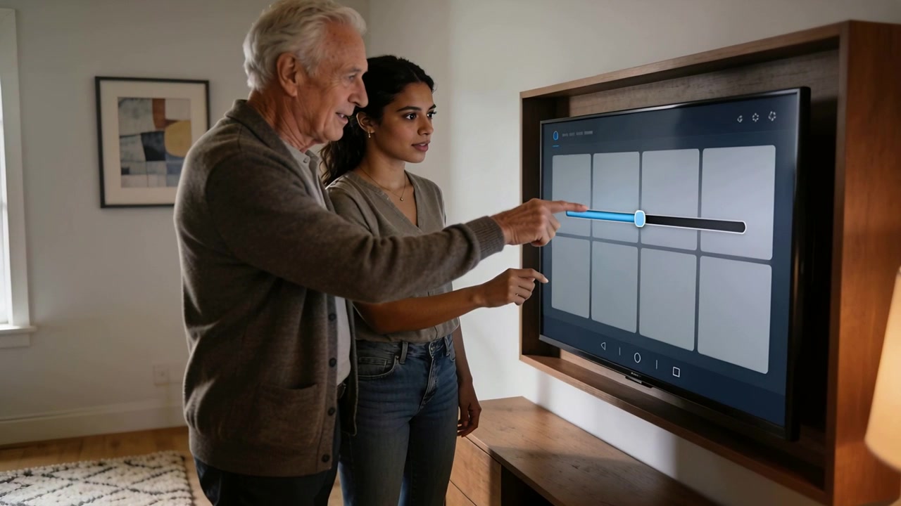 Un uomo anziano alza il braccio per guidare una donna, muovendo lo slider sul touchscreen del soggiorno con un indicatore blu