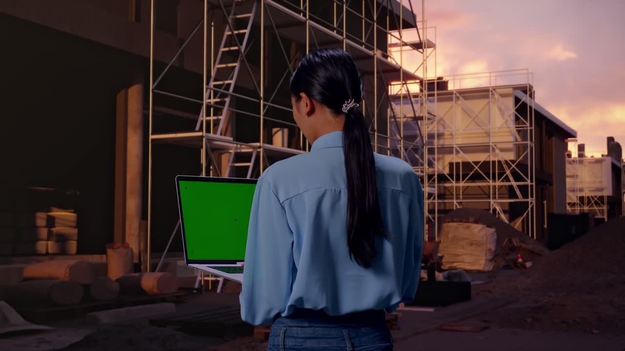 Back View Of Asian Female At Construction Site in Progress to New House, Typing On Laptop'S Keyboard With Green Screen And Look