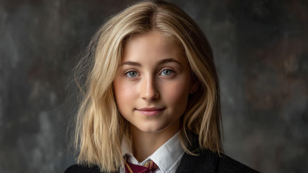 Portrait of a Young Girl with Striking Blue Eyes and Blonde Hair, Showcasing Confidence and Grace in a Classic Attire Against a Subdued Background