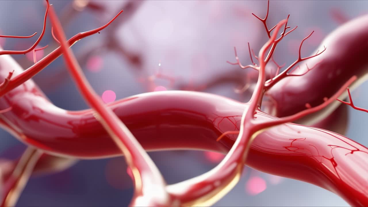 Dettaglio intricato di vasi biologici con tonalità di rosso intense e visuali fluide, che mostra la complessità delle strutture organiche in un'illustrazione sorprendente.
