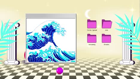 retro vaporwave poster with user interface elements and cartoon wave illustration. abstract old aesthetic background. 2d animation.