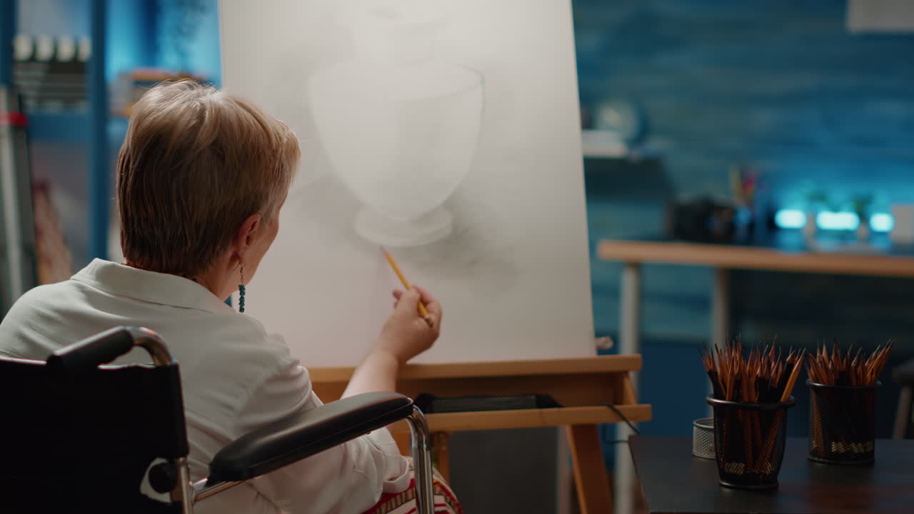 Retired person with health condition using pencils to draw vase design