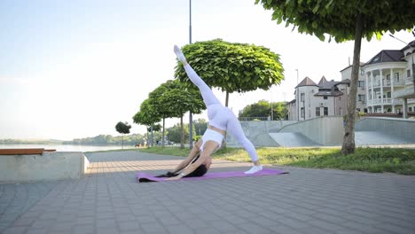 a young slender woman practices yoga in a green area on the embankment on a warm summer morning a young slender woman practices yoga in a green area on the embankment on a warm summer morning concept of movement healthy lifestyle