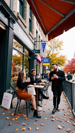 friends enjoying coffee and conversation at an outdoor cafe in the fall
