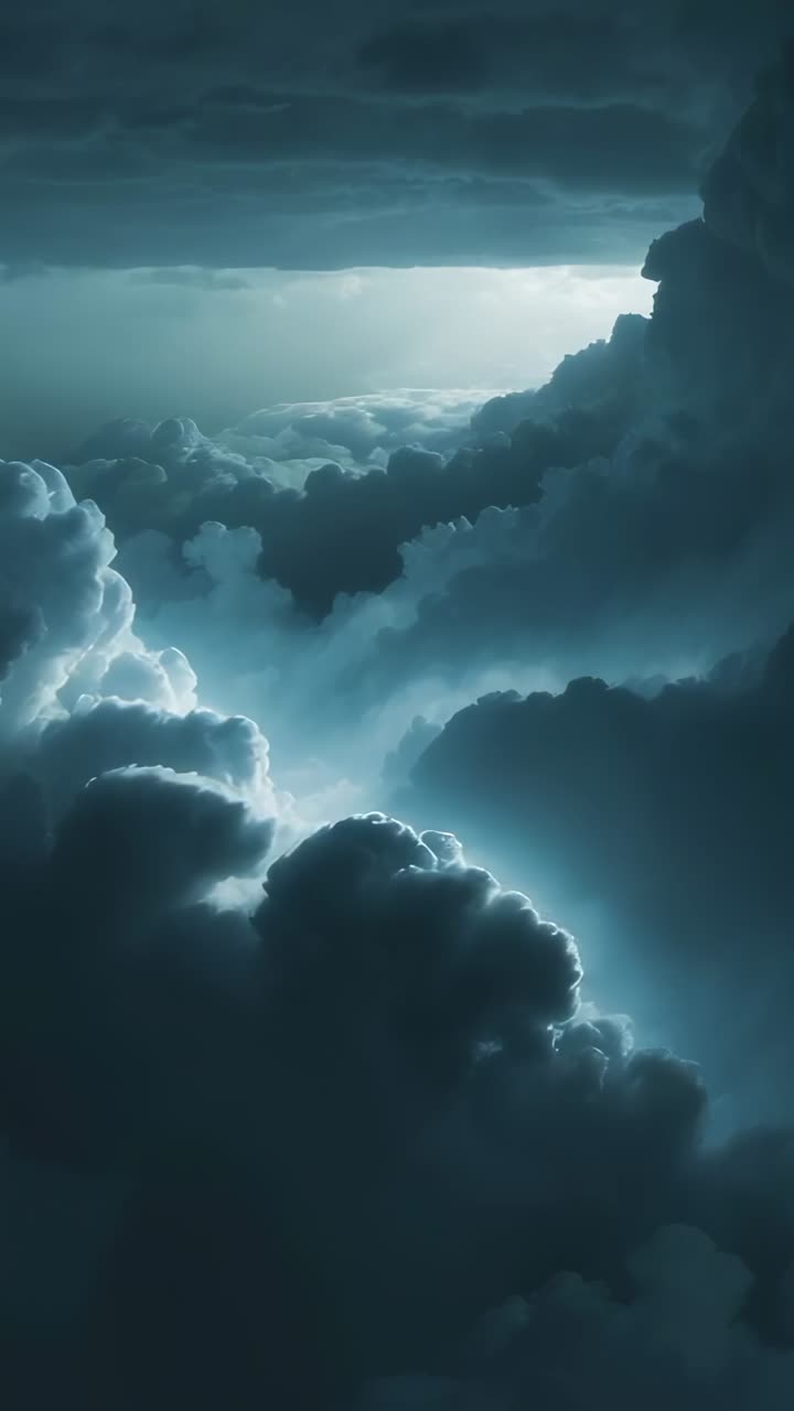 Vertical video: Opening view drifting above cumulonimbus clouds, with lightning arcs lighting edges