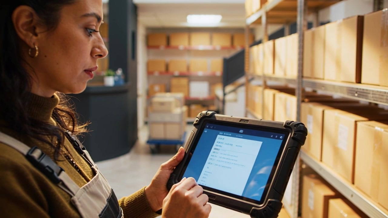 Checking stock, storage worker in vest tapping rugged tablet after list appears in aisle with boxes