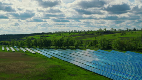 drone shot solar batteries field. sun panels park. alternative energy source