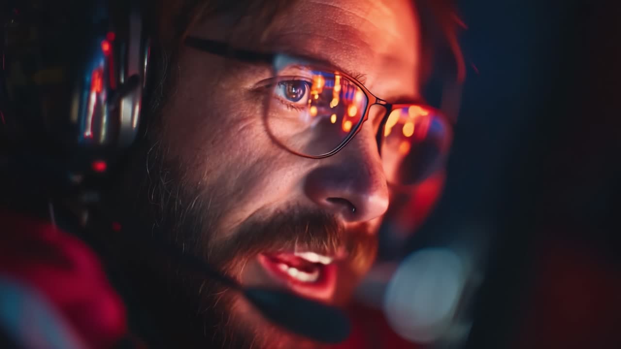 Concentrazione intensa nel gaming: un ritratto in primo piano di un giocatore entusiasta impegnato in un'azione competitiva, che cattura emozione e strategia in ogni dettaglio.