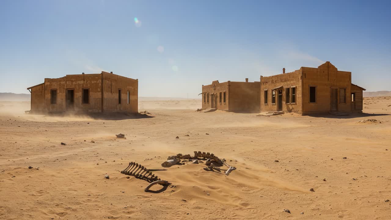 Deserted Ghost Town: A Haunting Scene of Abandoned Buildings and Eerie Silence Amidst the Vast, Arid Desert Landscape