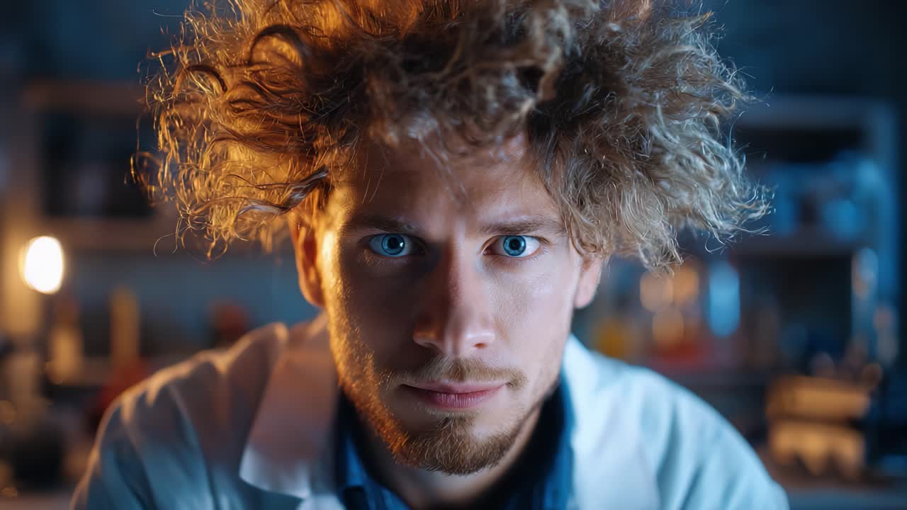 Intense Scientist with Wild Hair Focused on Experiment in a Dimly Lit Laboratory Setting Showcasing Curiosity and Innovation in Research and Discovery