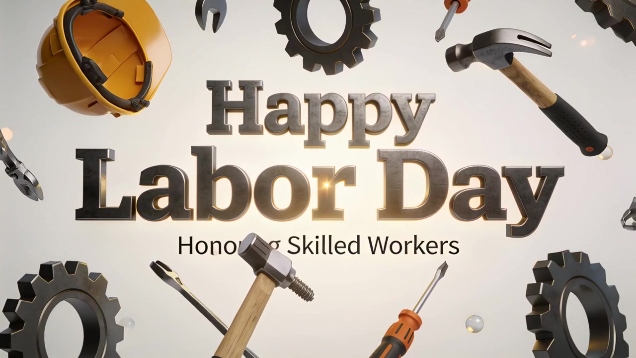 Motion starting, tools orbiting Happy Labor Day text in light-gray studio, honoring Skilled Workers
