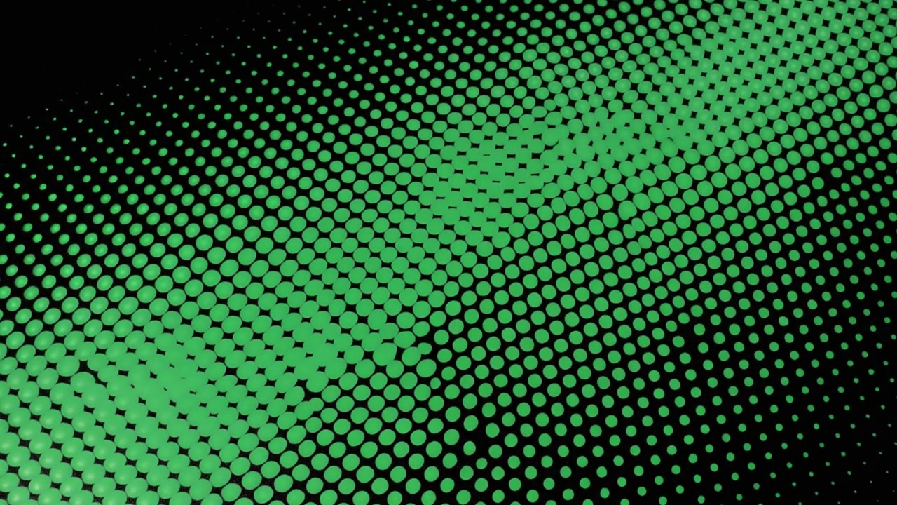 Motif abstrait de points de trame verts se déplaçant sur fond noir