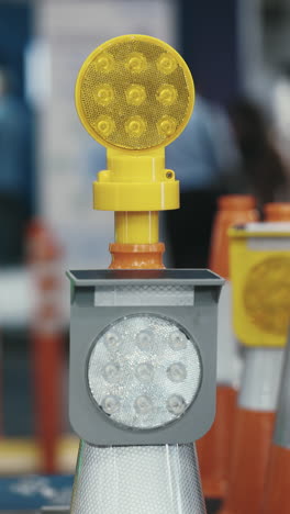 close-up of a construction warning light with led and reflective elements