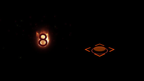 Digital-animation-of-scope-scanner-and-number-eight-on-fire-icon-against-black-background
