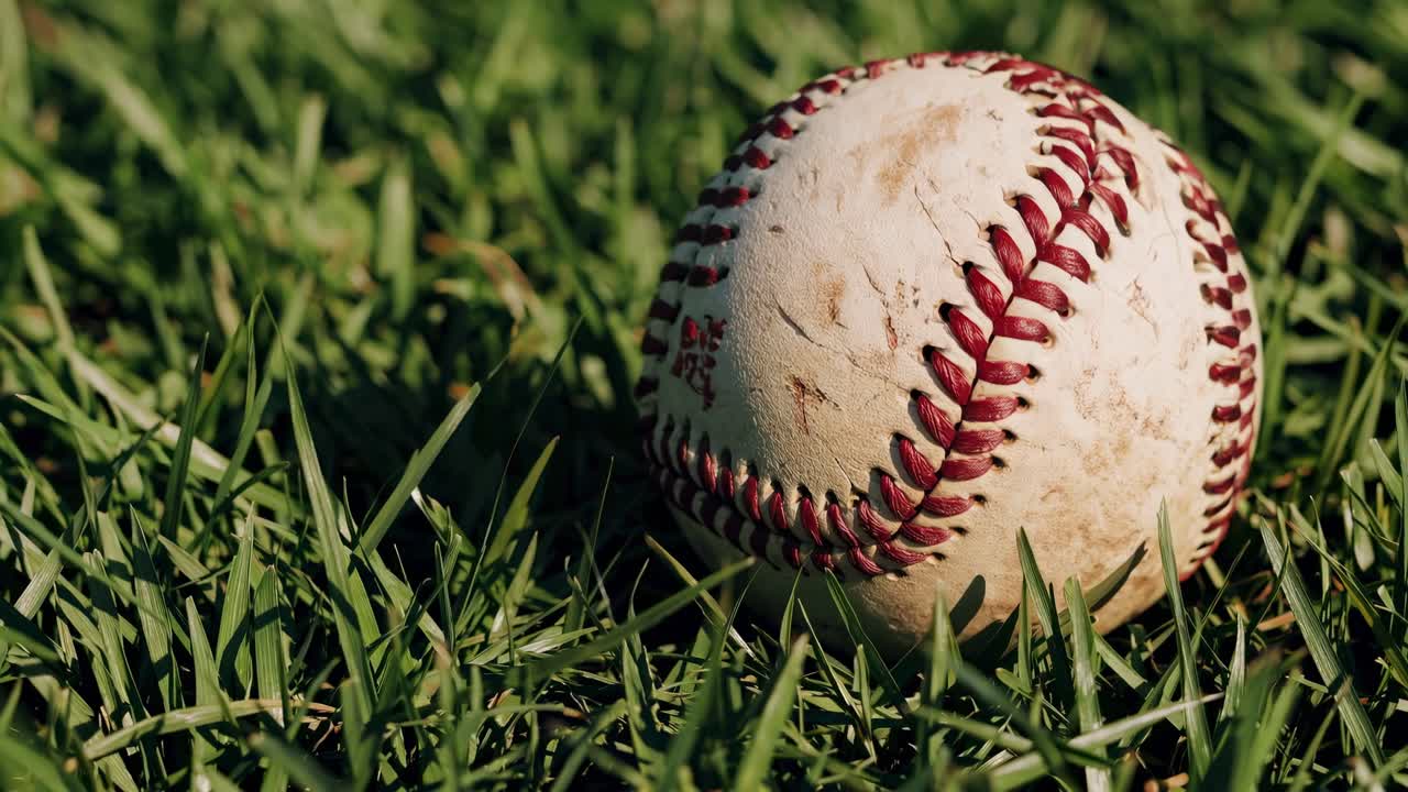 Primo piano di una palla da baseball sull'erba, ripreso da un'angolazione bassa