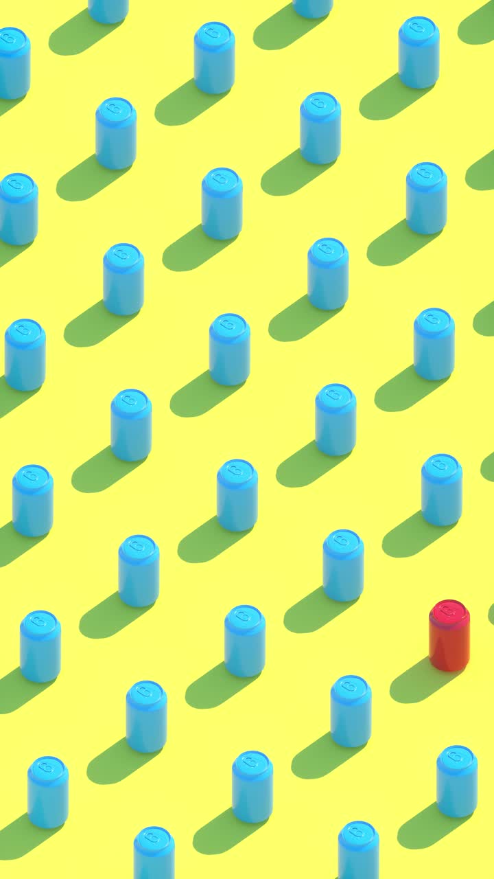 Isometric view of set of many blue cans and a red can on yellow background looped. 3d vertical animation render