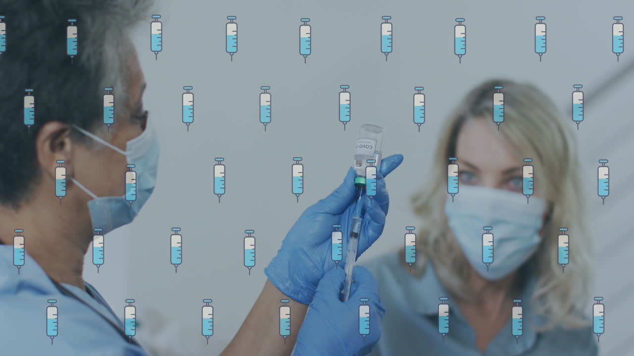 animación de iconos de vacunas sobre una doctora afroamericana con un paciente