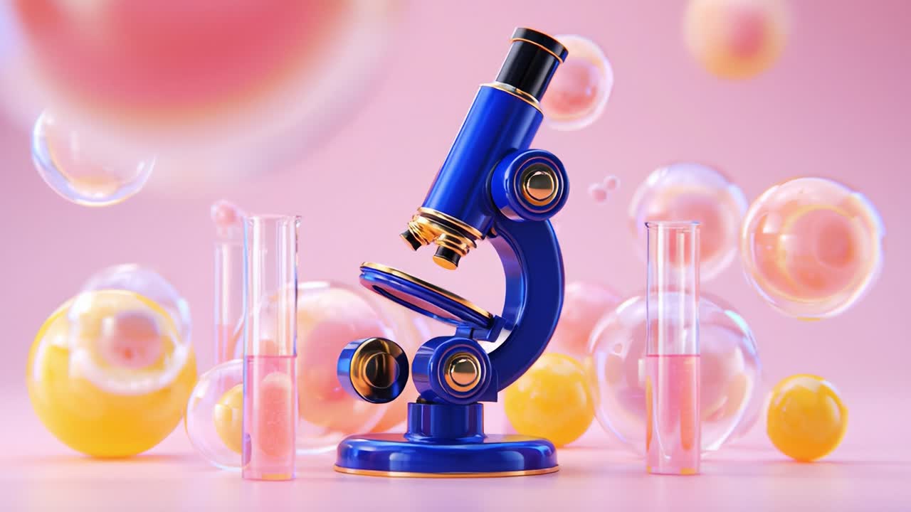 Un'esplorazione artistica di un microscopio blu circondato da bolle colorate e provette, perfetto per scienziati e studenti per ispirare curiosità e creatività nell'ambito dell'istruzione scientifica