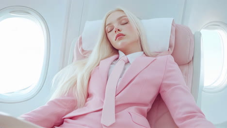 chic traveler dressed elegantly in a pink suit enjoys relaxation while on an airplane ride