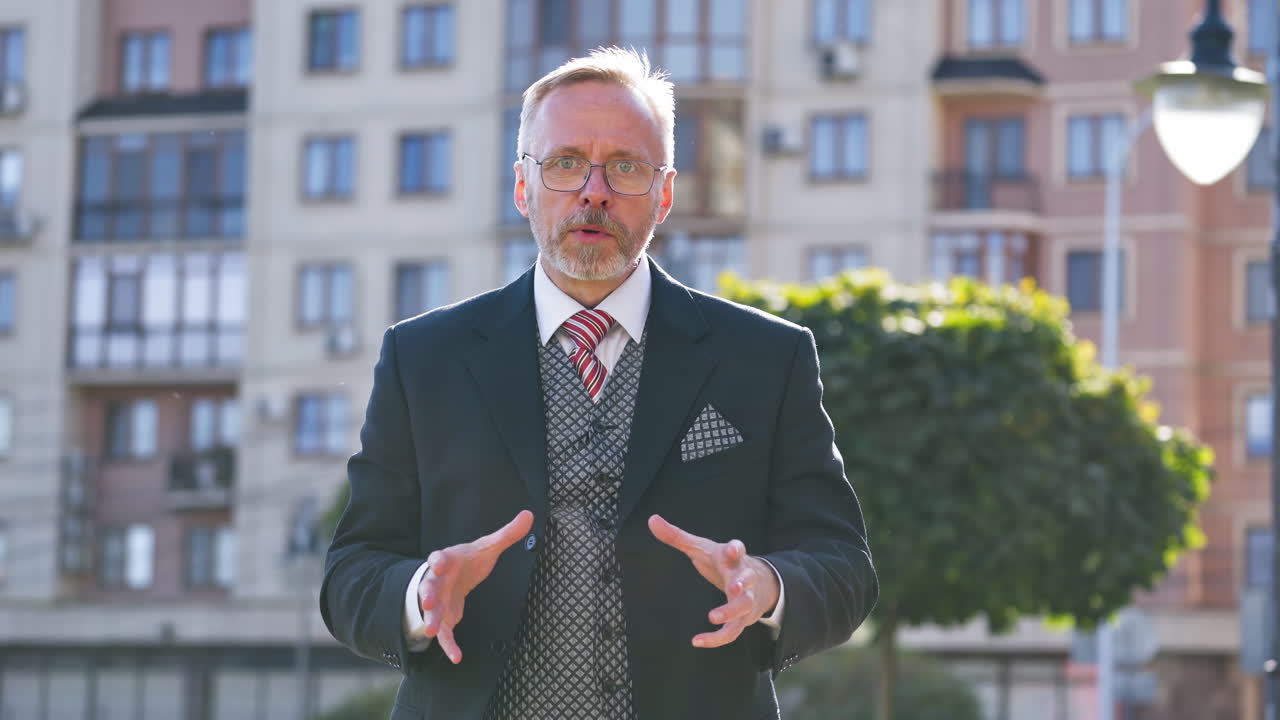 Man reporting on the street. Journalist reporting on the street in city