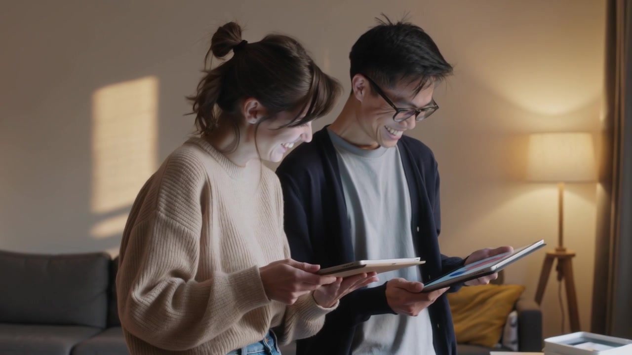 Pointing couple in beige sweater and dark cardigan sharing tablets in living room, showing graphic