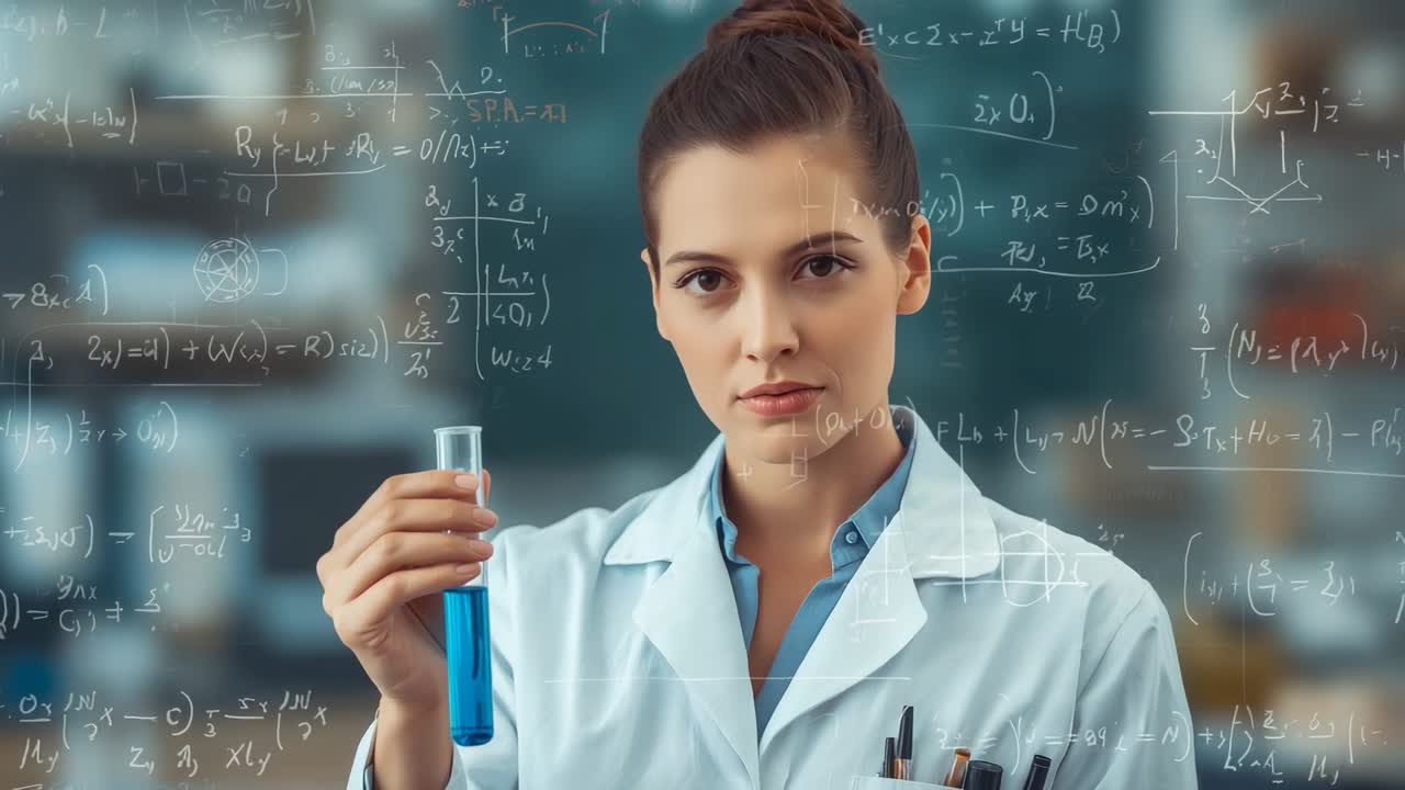 Formulas appearing guiding scientist tilting test tube in lab, with lab coat and blue solution