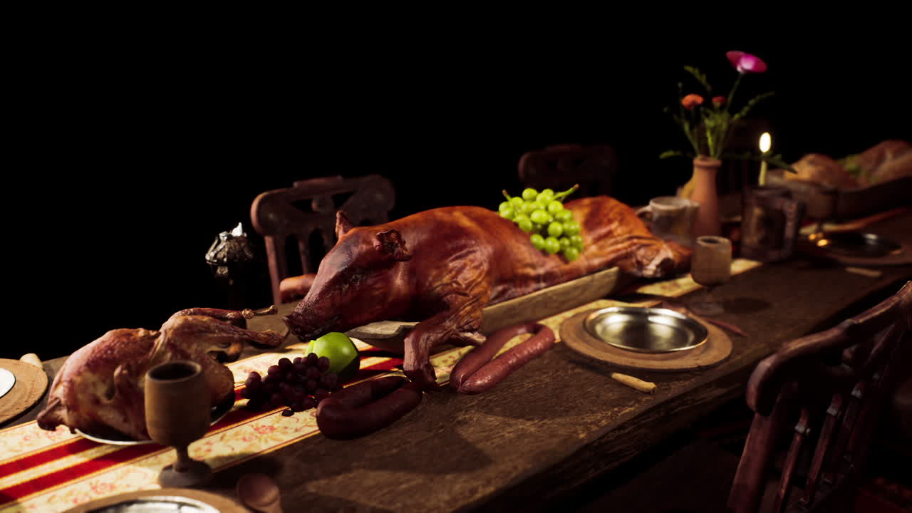 A lavish feast featuring various meats and fruits on a long banquet table