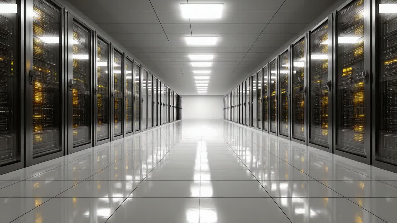 Un Data Center High-Tech con File di Rack di Archiviazione e Illuminazione Brillante Che Illumina un Interno Spazioso, Ideale per Ospitare Operazioni Digitali e la Gestione dei Server