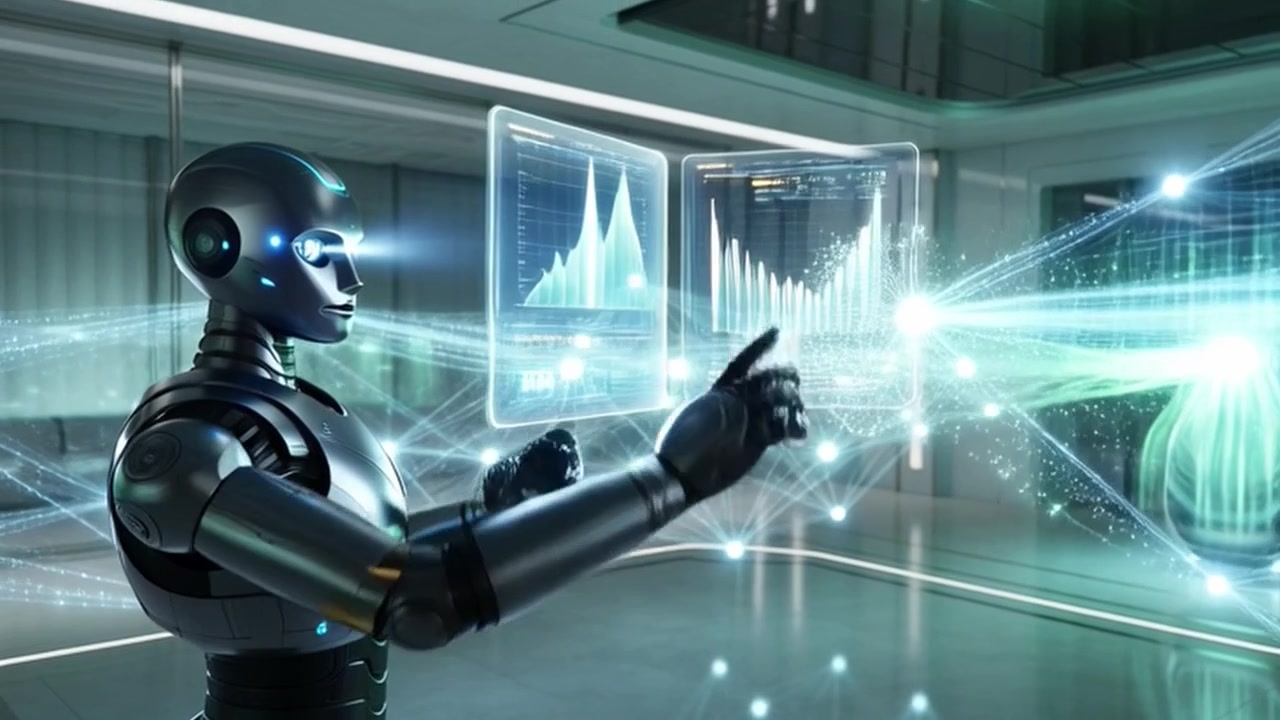 Humanoid Robot Interacting with Holographic Data Interface in Futuristic Laboratory